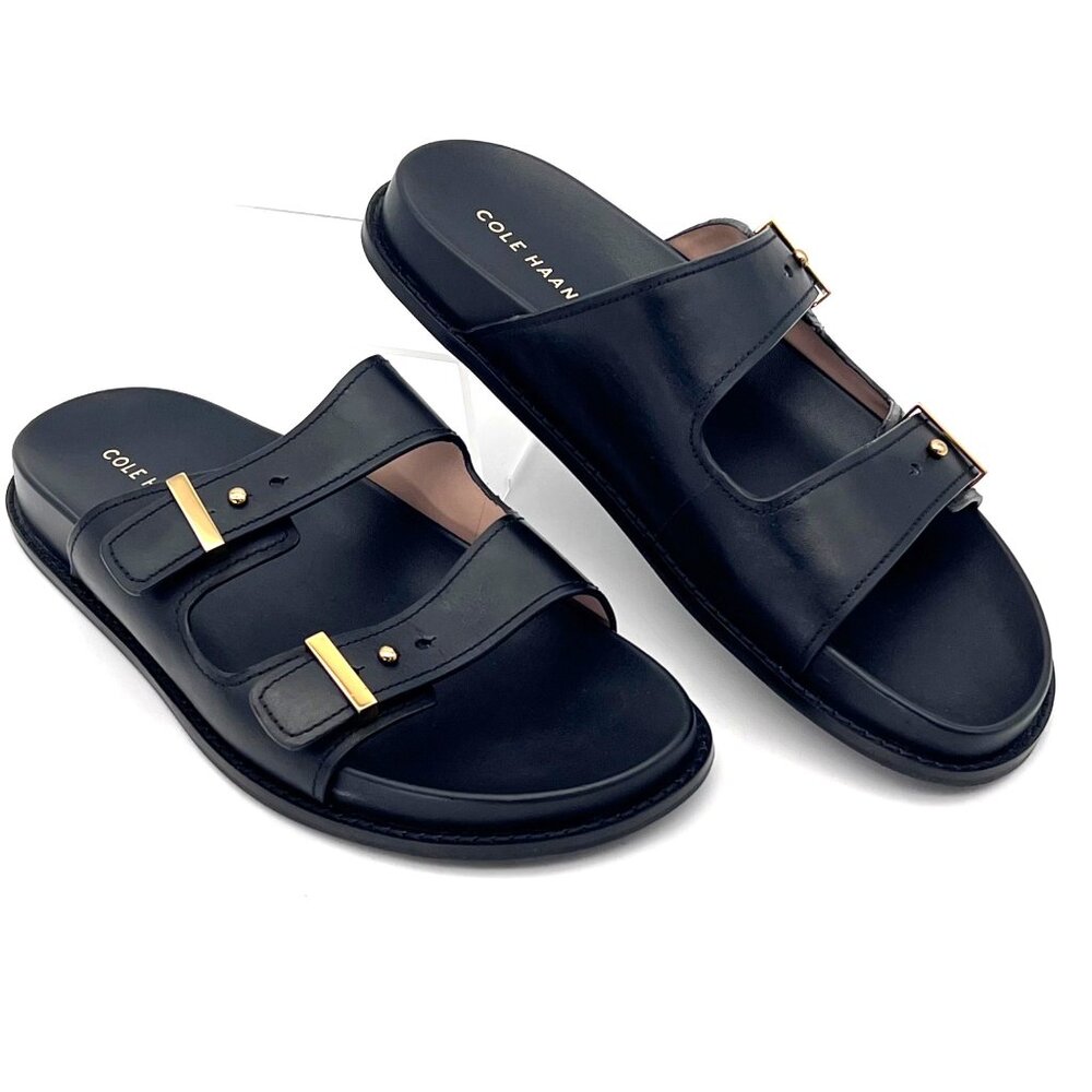 Cole Haan Black Leather Double-Strap Slide Sandals with Gold Hardware